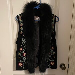 Double D Ranch Black Vest with Floral Embroidery and Faux Fur Trim